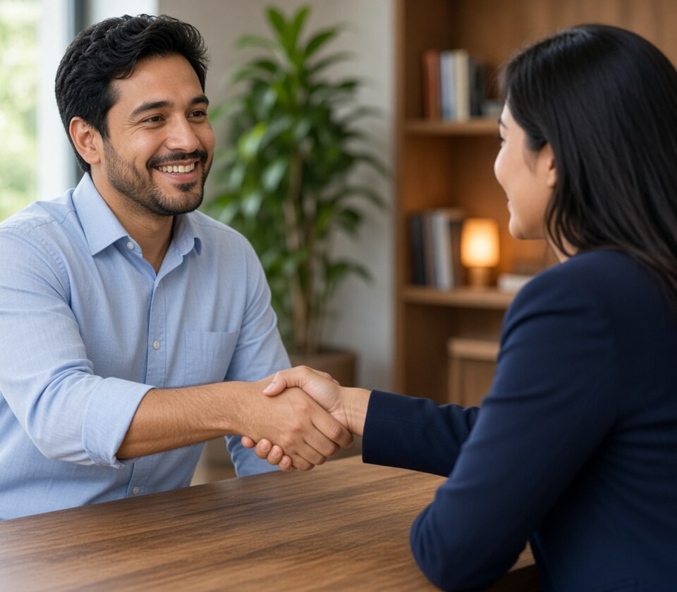 A couple meeting an advisor and shaking hands