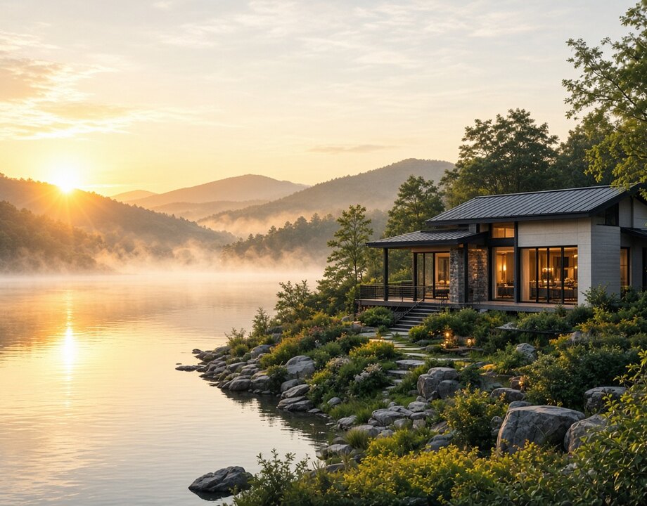 A family home by a calm lake at sunrise