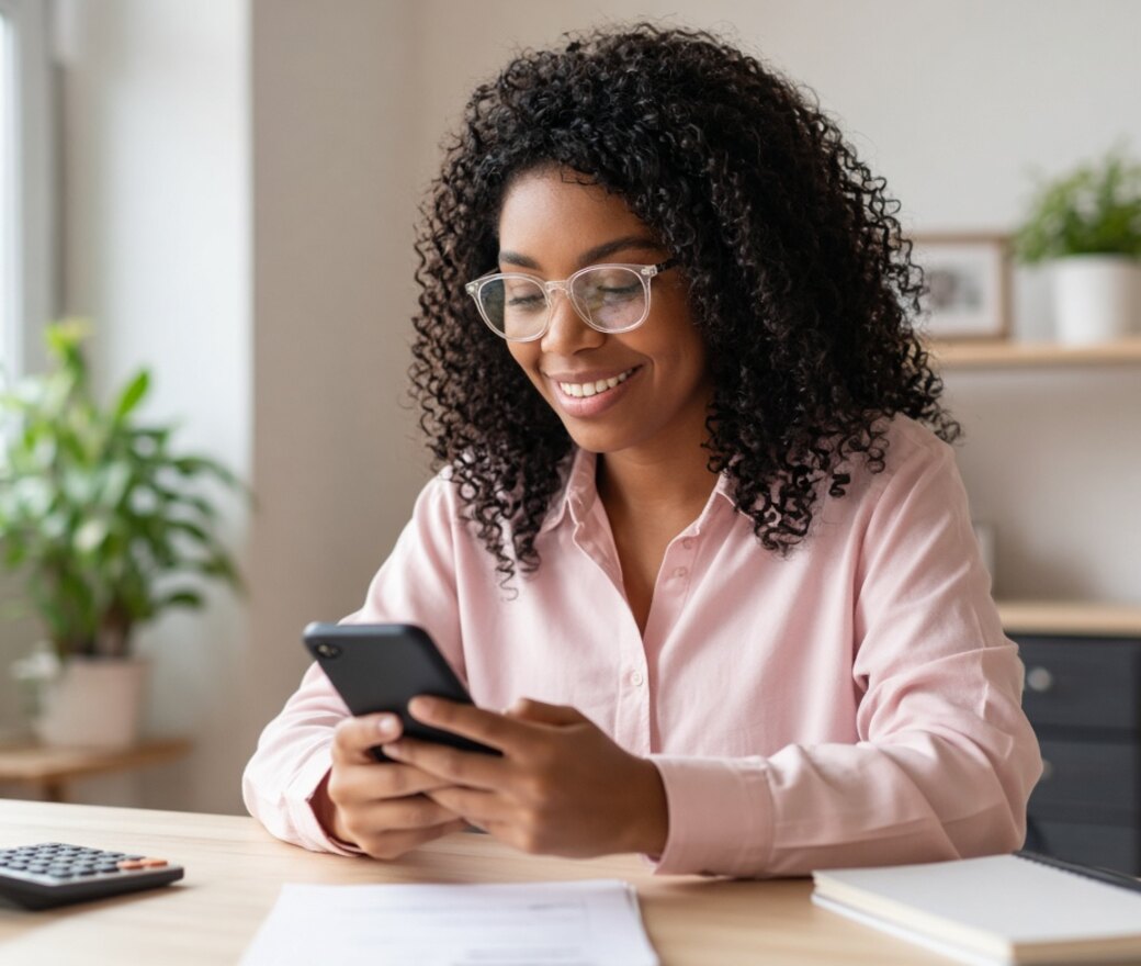 A customer reviewing a loan application on her phone at home